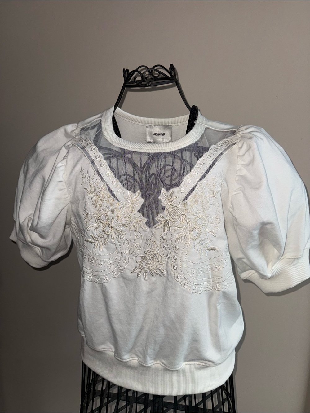 Jason Wu White Embroidered Puff-Sleeve Sweatshirt